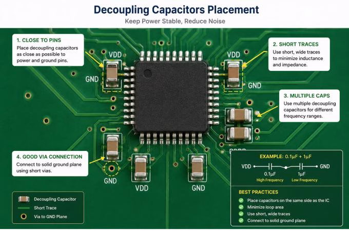 Proper placement of decoupling capacitors close to IC power pins