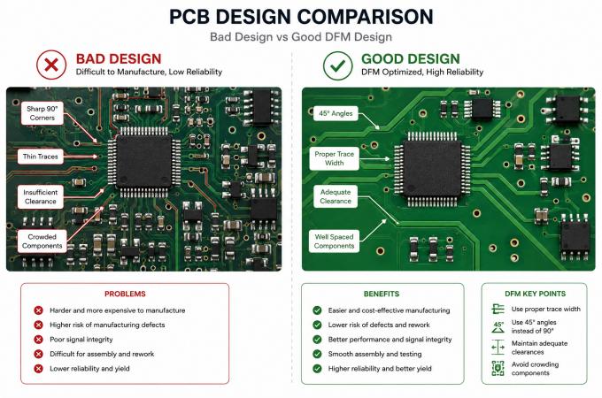 Good vs Bad PCB Design for Manufacturability (DFM) comparison