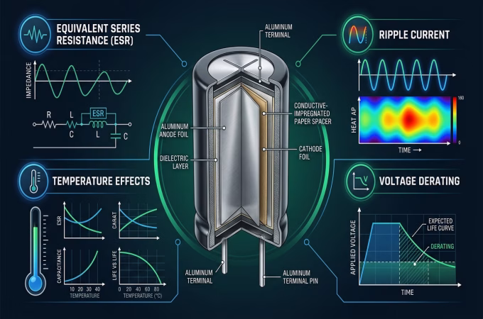 Key parameters of electrolytic capacitors: ESR, ripple current, voltage derating and temperature