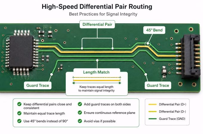 High-speed differential pair routing with proper length matching and 45-degree angles