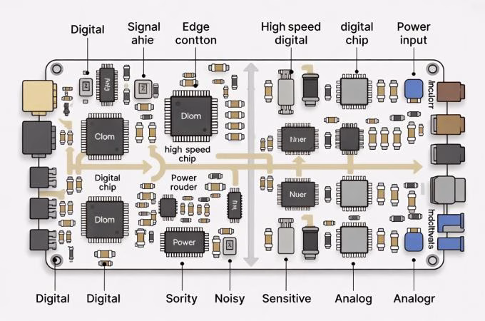 Strategic component placement on PCB - grouping related components and optimizing signal flow