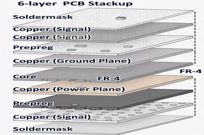 6-layer PCB stackup diagram showing ground and power planes for signal integrity