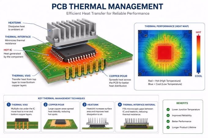 Thermal vias and copper pour for effective PCB heat dissipation