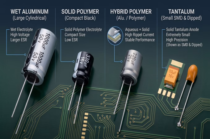 Comparison of wet aluminum, solid polymer, hybrid polymer, and tantalum electrolytic capacitors