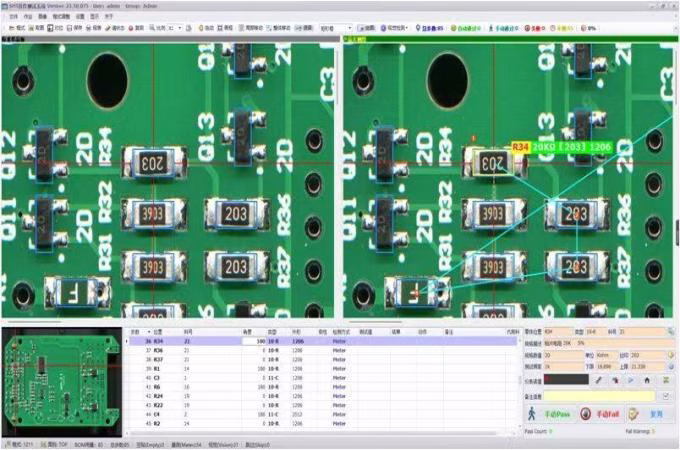 AOI software interface showing component measurement in First Article Inspection