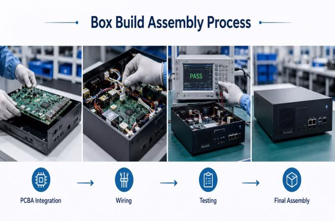 Box Build Assembly Process - Illustration of the assembly line showing PCBA integration, wiring, testing, and final product assembly