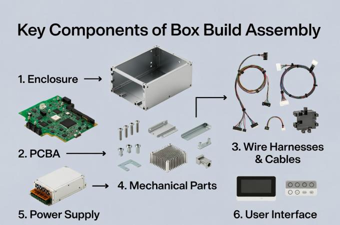 Key Components of Box Build Assembly - Enclosure, PCBA, wire harnesses, mechanical parts, power supply, and user interface elements