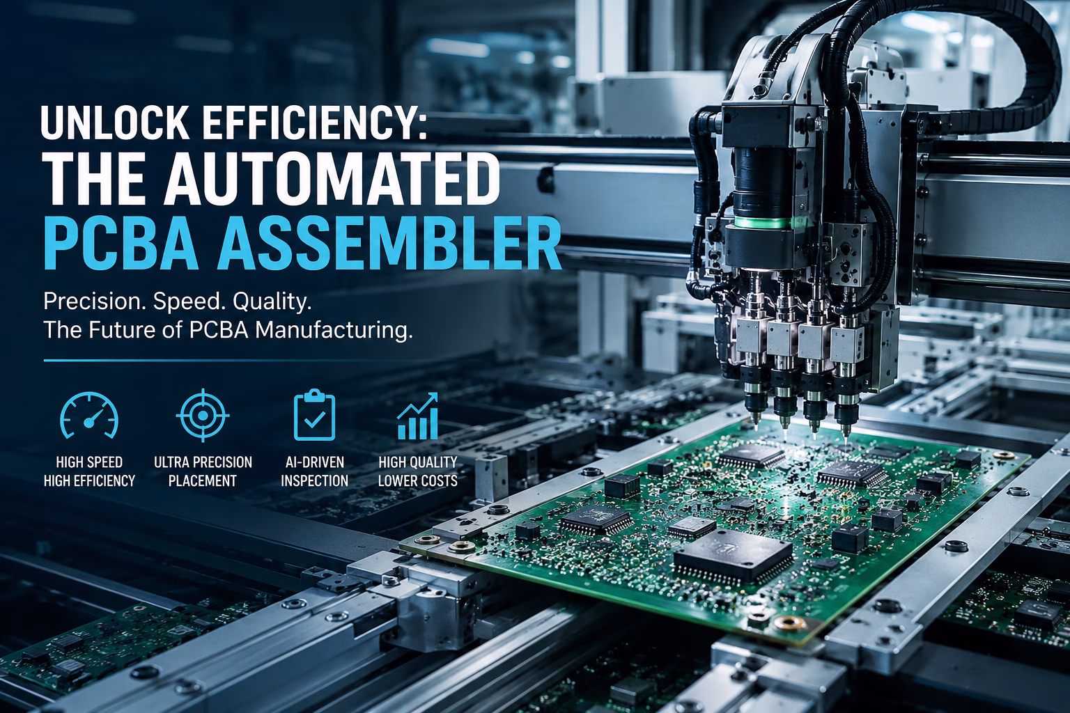 high-tech-industrial-manufacturing-scene Robotic PCB assembly machine placing components onto a green circuit board in a high-tech factory.