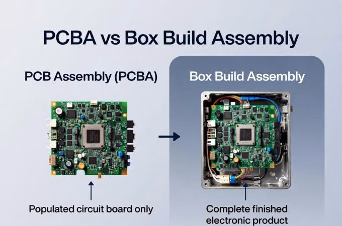 Comparison between PCB Assembly (PCBA) and Box Build Assembly - Left: populated circuit board only, Right: complete finished electronic product